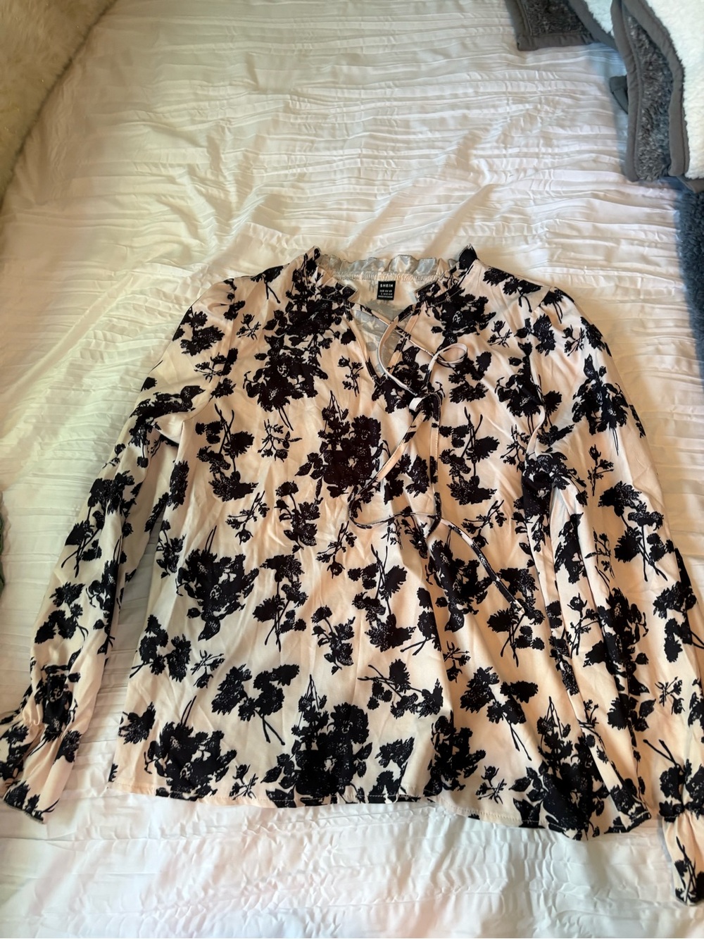 SHEIN Cream Blouse with Black Floral Tie-Neck